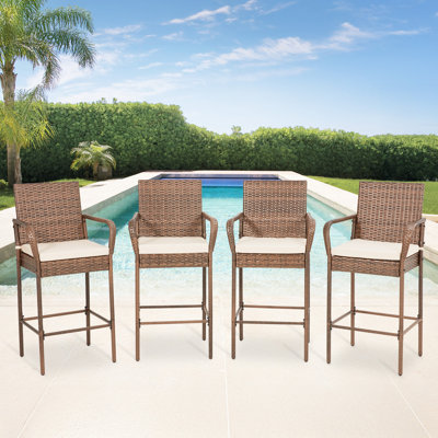 Outdoor Patio Wicker Bar Stools Set Of 4, Pe Wicker Rattan Bar Stools With Removable Cushions, Ergonomic Armrests & Backrest, All-weather Outdoor Bar