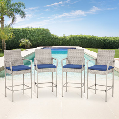 Outdoor Patio Wicker Bar Stools Set Of 4, Pe Wicker Rattan Bar Stools With Removable Cushions, Ergonomic Armrests & Backrest, All-weather Outdoor Bar