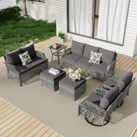 7 Piece Patio Furniture Set, Wicker Outdoor Conversation Sofa Set With Swivel Chairs, 2 Ottomans, Glass Side Table by EROMMY