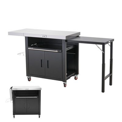 Feasto Outdoor Kitchen Series Stainless Steel Grill Table Cart with 2 Foldable Side Tables, Movable Kitchen Cabinet with Pull-Out Plate, BBQ Grill Car by Feasto