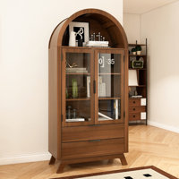 73" Tall Arched Storage Cabinet With Glass Doors & Louvered Drawers, Vintage Brown Display Cabinet With Metal Handles For Living Room Or Study