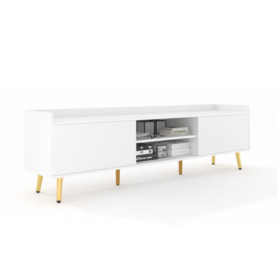 70.9"W Modern Ribbed Double Sliding Door Tv Cabinet With Metal Legs by Mercer41