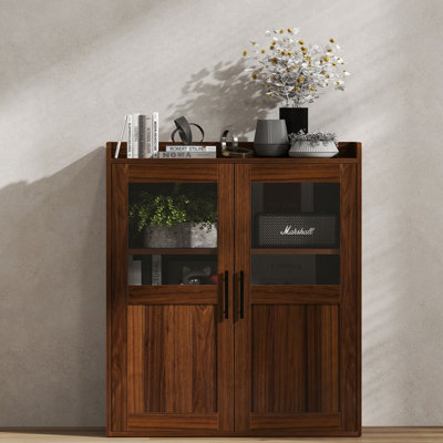 Cheadle 31.5" W Modern Walnut Double Door Side Cabinet With Glass Panels & Bow Handles by Ebern Designs