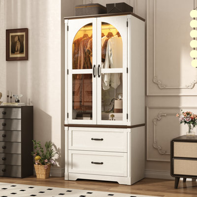 Tall Farmhouse Arched Wardrobe With Led Lighting, 72" Freestanding Clothing Storage Cabinet With Glass Doors & Drawers For Bedroom by Fushimuma