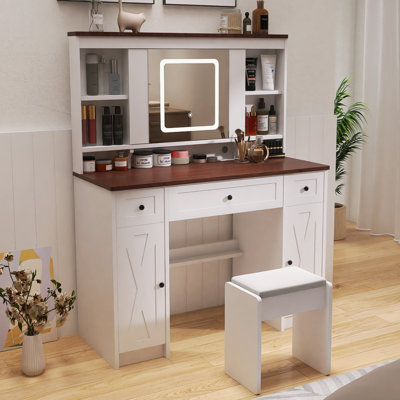 Vanity Desk with Sliding Mirror,Lights and Charging Station,Makeup Table Desk with Dimmable Led Light,Vanity Makeup Table with Sponge Soft Stool by Gracie Oaks