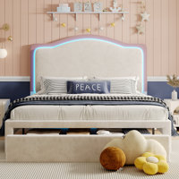 Chaille LED Bed Frames with Storage Drawer, Upholstered Platform Bed with Adjustable Headboard by Wade Logan