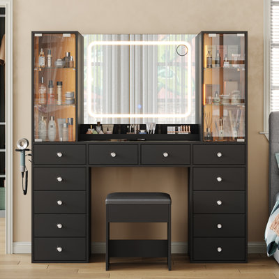 Makeup Vanity With Charging Station, Vanity Desk With LED Mirror & 2 Glass Cabinet, 3 Color Modes, Brightness Adjustable, 12 Drawers Vanity Set With G by FUSOU