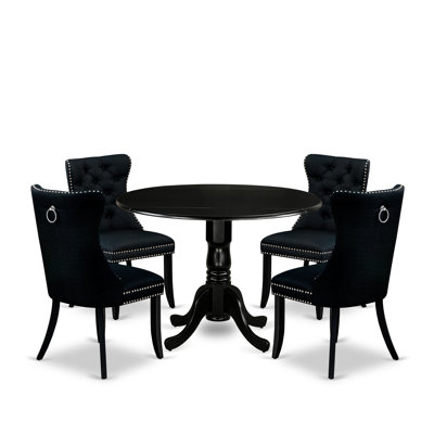 85114EA52F2D4DD3923C9281E6C703BC 5 Pc Dining Table Set - Round Wood Table with Dropleaf and 4 Chairs, Black by Alcott Hill