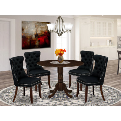 85114EA52F2D4DD3923C9281E6C703BC 5 Pc Dining Table Set - Round Wood Table with Dropleaf and 4 Chairs, Black by Alcott Hill