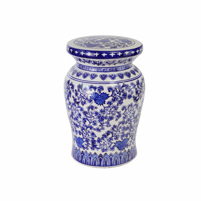 Blue Garden 18" Lotus Floral Ceramic Podium Decorative Garden Stool by Euro Ceramica