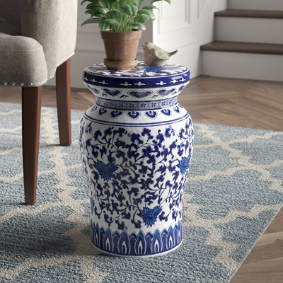Blue Garden 16" / 18" Lotus Floral Ceramic Podium Decorative Garden Stool by Euro Ceramica