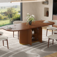 86.6" Mid Century Modern Brown Wood Dining Table For 8-10, Oval Kitchen Table With Storage, Solid Wood Veneer by Grace