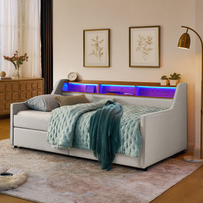 Twin Size Upholstery Sofa Bed with LED Lights, Storage, Adjustable Headboard, and Wireless Charging
