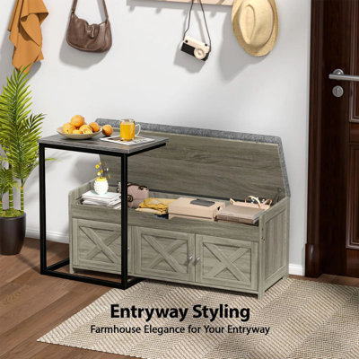 43.5" Shoe Storage Bench With Cushion & Barn Doors, Lift-Top Hidden Storage Entryway Bench With Adjustable Shelf And Wood C-Shaped End Table For Livin
