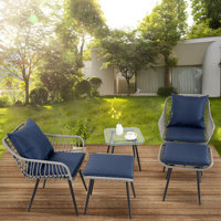 2 - Person Patio Conversation Sets with Cushions 5 Pieces Wicker Patio Bistro Outdoor Furniture Set with Cushions & Ottoman by FOREST HOME