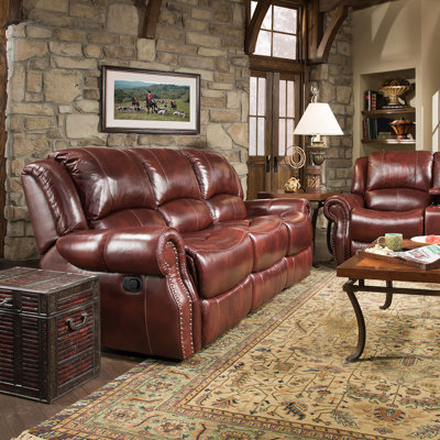 Lekendra 100% Genuine Leather Double-Reclining Sofa, Small Couch with Nailhead Trim, Plush Deep-Seating Couches by Red Barrel Studio
