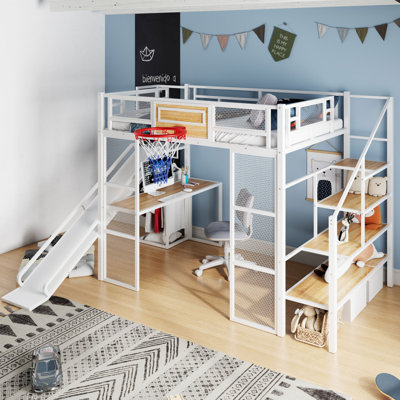 Full Size Metal Loft Bed With Built-In Desk, Open Wardrobe, Basketball Hoop, Slide And Staircase by GZMWON