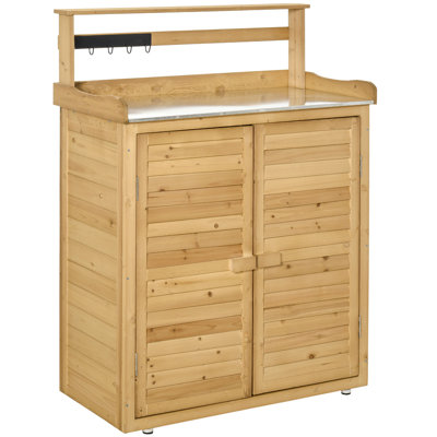 Garden Potting Bench Table Wooden Workstation Shed With Tabletop, Hooks, 3-Tier Shelves Cabinet And 2 Magnetic Close Doors by LOONGFIELD