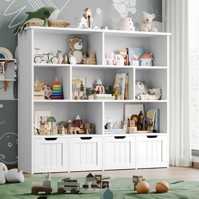 Kirklyn 49.4"W 7 Cube Bookcase, Standard Bookcase With 4 Removable Drawers, Wood Storage Standard Bookshelves by Harriet Bee