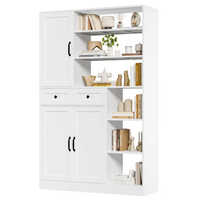 70.9"H Wood Bookshelf With 2 Drawers, White