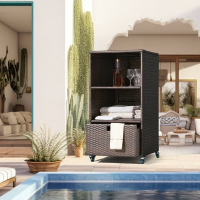 Outdoor Towel Rack For Pool Outdoor Pool Towel Storage Cabinet With Shelf & Drawer Pool Towel Valet Caddy With Rolling Wheels Wicker Pool Towel Holder
