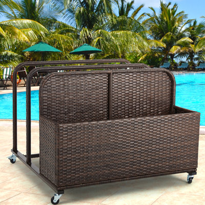 Poolside Float Storage Organizer, Outdoor Wicker Rattan Pool Float Holder Storage Rack For Basket Box Patio Pool Storage Caddy With Rolling Wheels For
