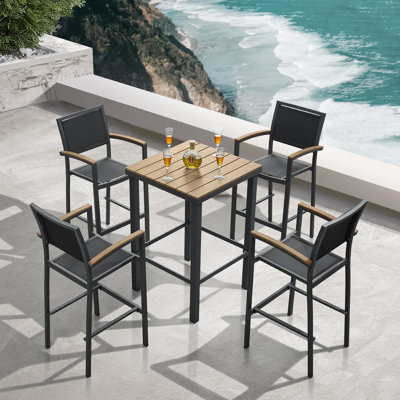 Carlo 5-Pieces Patio Bar Set, Faux Wood Tabletop with 4 High Stools by HIGOLD