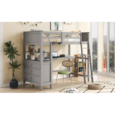 Full Size Loft Bed With Drawers And Desk, Wooden Loft Bed With Shelves by HOME FURNITURE