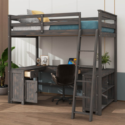 A Loft Bed Featuring A U-Shaped Desk, Drawers, And Storage Shelves by Harriet Bee