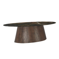 Kiaire 90" Oval Dining Table In Lava Marble With Dark Oak Base by Loon Peak