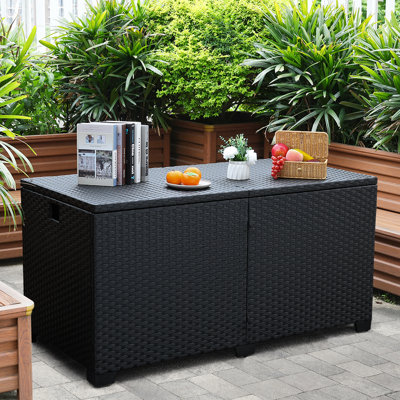 Rattaner Resistant Wicker Deck Box with Gas Spring Lid and Zippered Waterproof Inner Bag by Rattaner