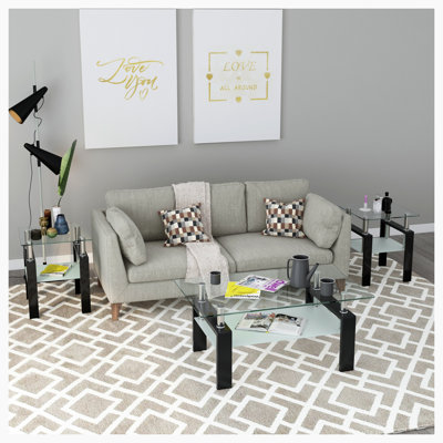 3-Piece Coffee Table,Square Glass Tea Table by Hewei