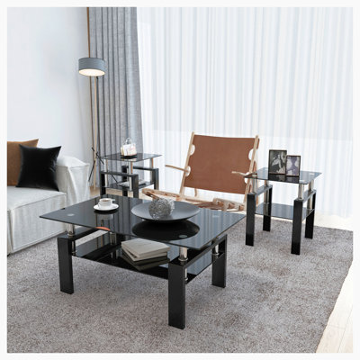 3-Piece Coffee Table,Square Glass Tea Table by Hewei