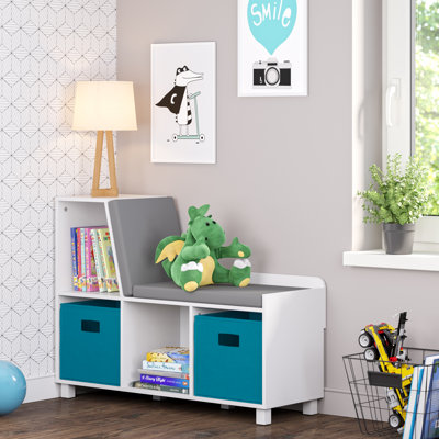 RiverRidge Kids Reading Book Nook Cushioned Toy Storage Bench with Cubby Organizers and 2 Fabric Bins- White by RiverRidge Home