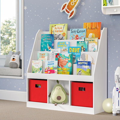 RiverRidge Kids Playroom Bookrack with 3 Toy Organizer Cubbies and 4 Book Shelves - White with 2 Fabric Bins