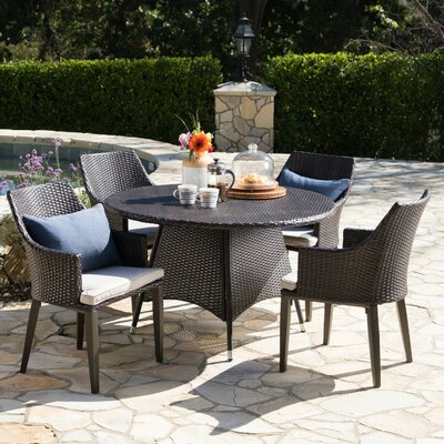Backlund Outdoor Wicker Round 5 Piece Dining Set with Cushions by Ivy Bronx