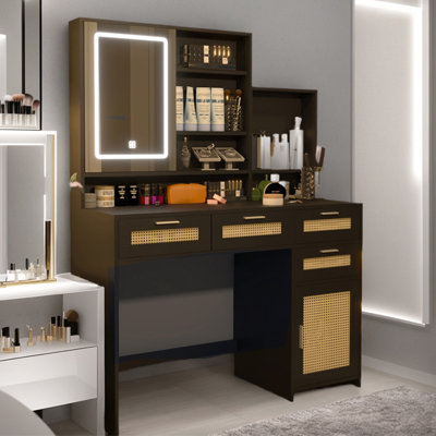 Rattan Vanity, Makeup Vanity Desk With Mirror And Adjustable LED Light, 4 Drawers & 1 Cabinet by iYofe
