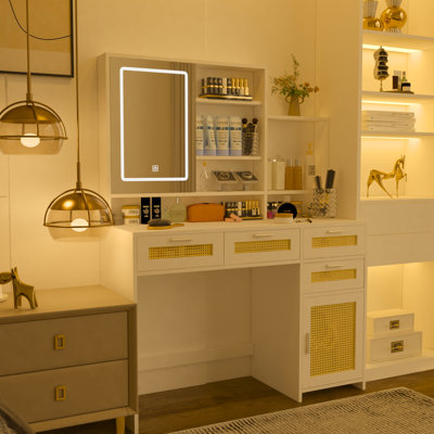Rattan Vanity, Makeup Vanity Desk With Mirror And Adjustable LED Light, 4 Drawers & 1 Cabinet by iYofe