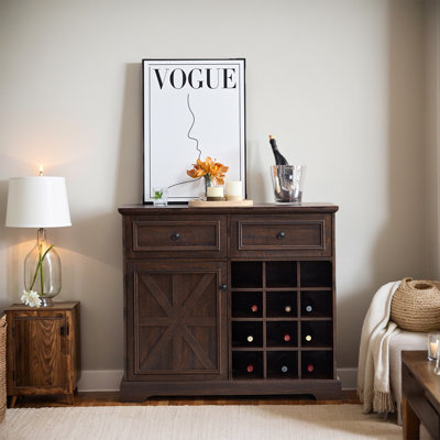 Farmhouse Buffet Cabinet with Storage Sideboard with 2 Drawers, Wine Bar Cabinet with Removable Wine Racks Storage Shelves, Liquor Coffee Bar Cupboard
