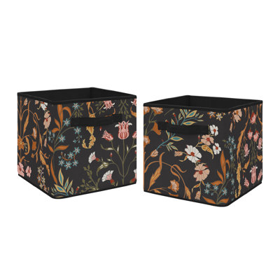 Boho Floral Wildflower Black and Orange Brushed Microfiber Fabric Storage Bin (Set of 2)
