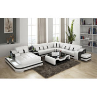 Lloydene 168" Wide Genuine Leather Modular Corner Sectional with Ottoman by Wrought Studio