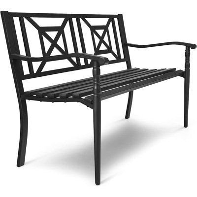 Outdoor Garden Bench, Metal Porch Bench Seat With Slated Seat & Decorative Backrest, 2-Person Loveseat For Patio Garden, Powder Coated Iron Frame, Pat by JES ENTERPRISES
