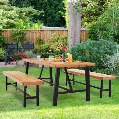 Outdoor Dining Bench Set Of 2, Wood Patio Backless Bench 63" Picnic Chairs, Wooden Farmhouse Bench For 6 People, Long Garden Park Porch Backyard Deck, by JES ENTERPRISES