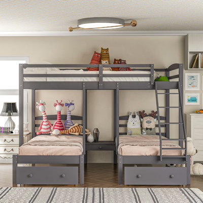 Full Over Twin & Twin Bunk Bed,Triple Bunk Bed With Drawers, Gray by SHANRUGUOJI