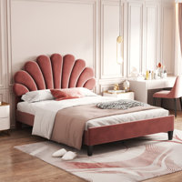 Full Size Upholstered Platform Bed With Flower Pattern Velvet Headboard by SHANRUGUOJI
