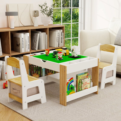 Kids 2 In 1 Play Table & 2 Chairs Set,With 7 Storage Compartments,Compatible With Lego Building Block,Modern Activity Learning Table Game Furniture-Wh by SHANRUGUOJI