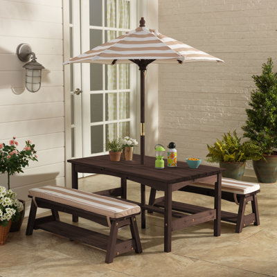 Outdoor Wooden Table & Bench with Cushions and Umbrella, Espresso by KidKraft
