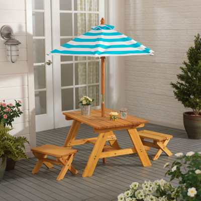 Outdoor Wooden Table & Bench Set, Striped Umbrella, Turquoise and White by KidKraft