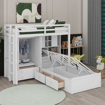 Twin Bunk Bed With Drawers, Wardrobe, Storage Shelves And Hydraulic by Harriet Bee