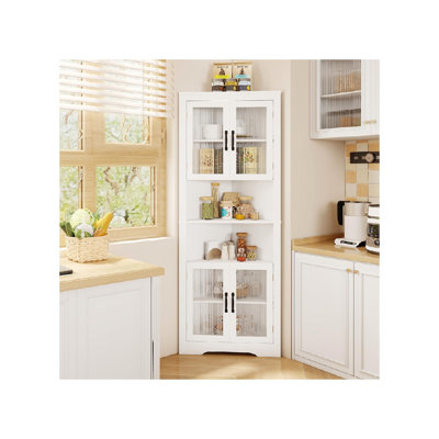 67" Tall Corner Cabinet, Space-Saving Triangular Storage 4 Tempered Glass Doors Freestanding Corner Shelf For Bathroom, Kitchen, Living Room White by KIR.DP
